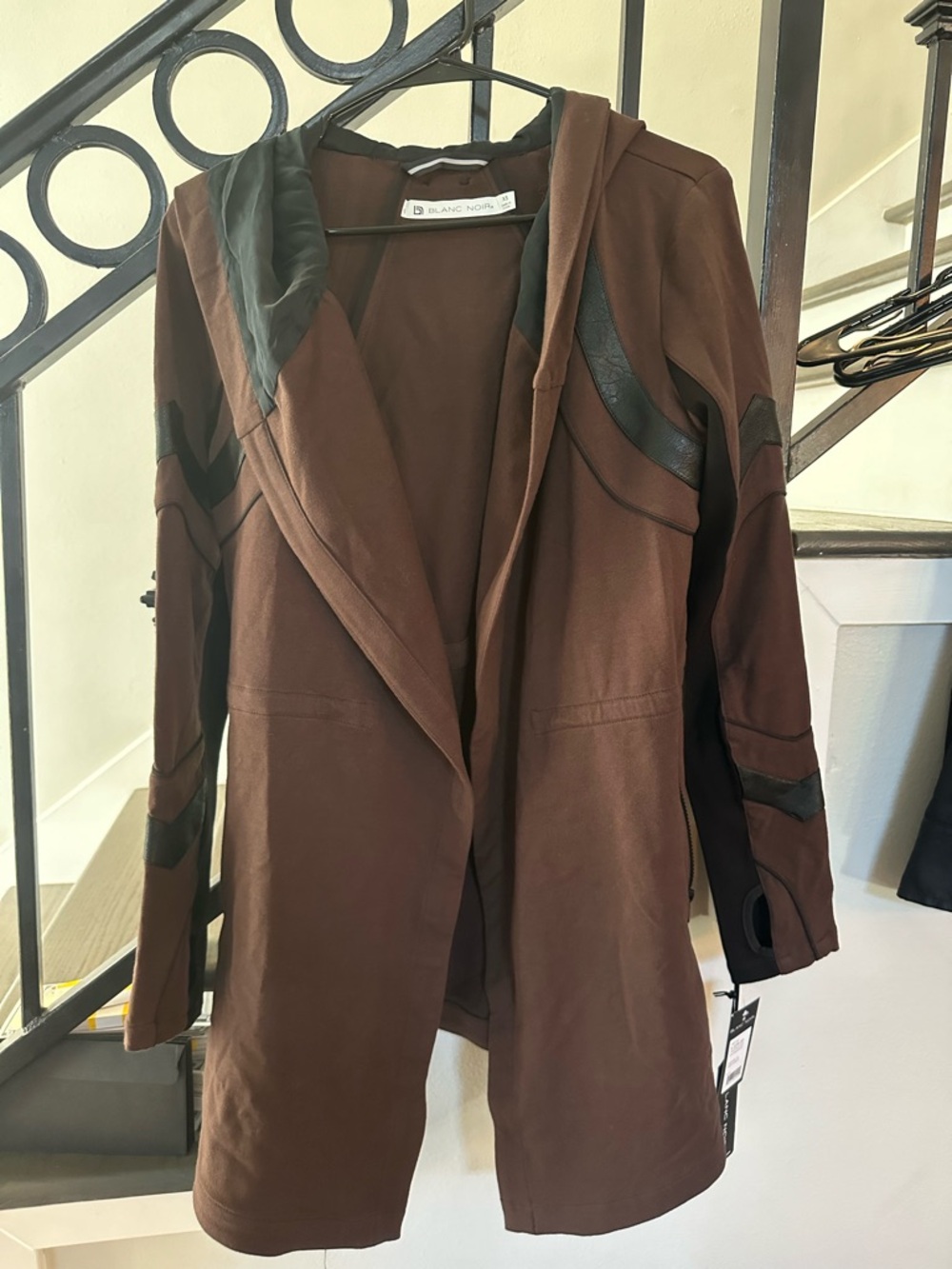 BLANC NOIR Brown Hooded Traveler Wrap Jacket with Black Trim NWT